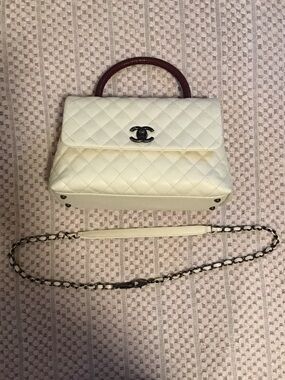 CHANEL Cream Quilted Top-Handle Satchel with Bordeaux Handle